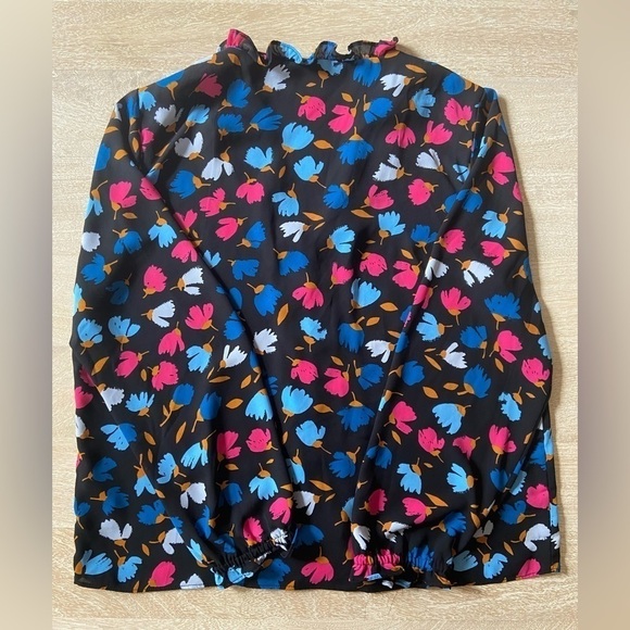 J. Crew Silky Long Sleeve Black Blue Pink Floral Ruffle Button Front Blouse Top - Picture 5 of 7